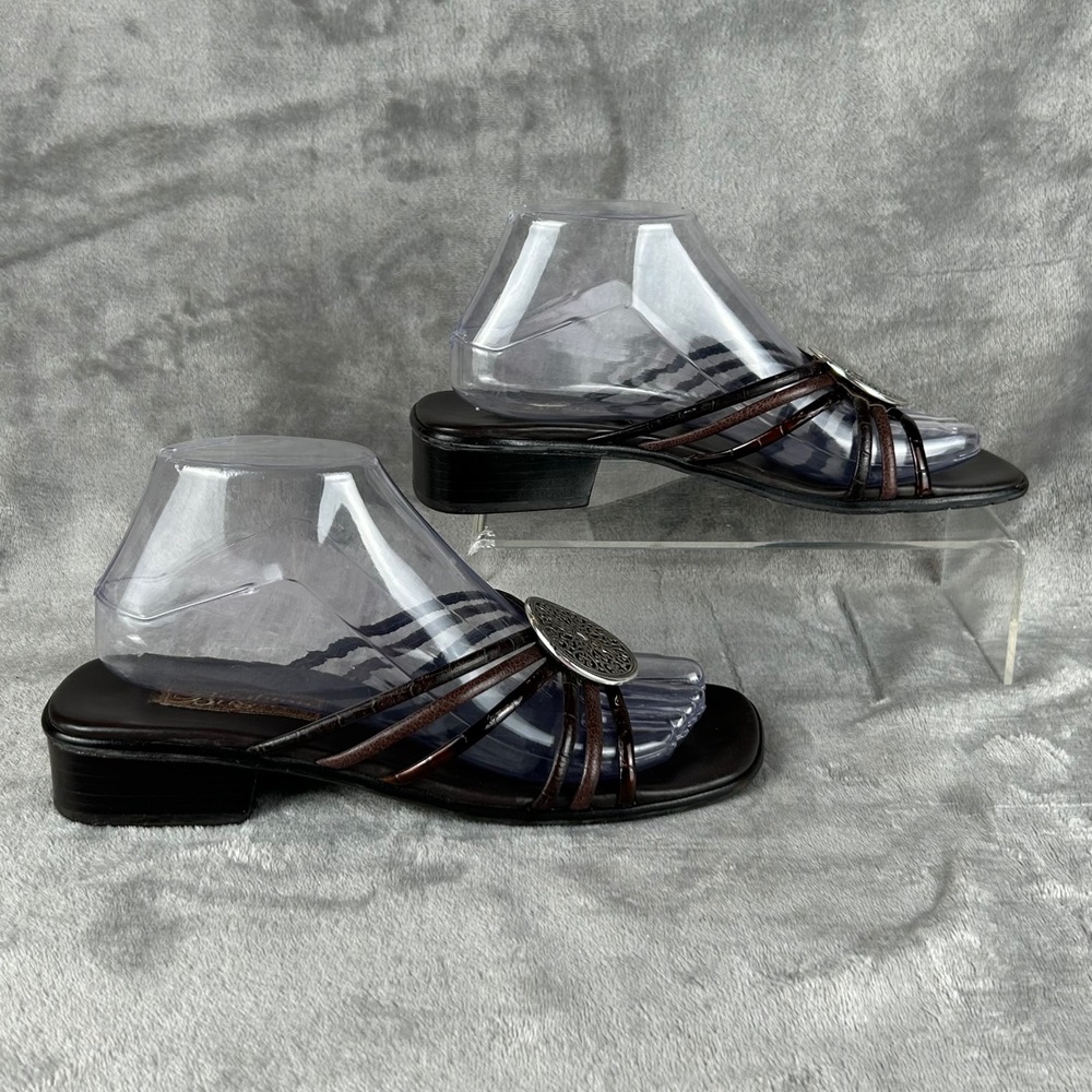Brighton Remy Dark Brown Leather‎ Strappy Medallion Slide Sandals Womens 8.5N